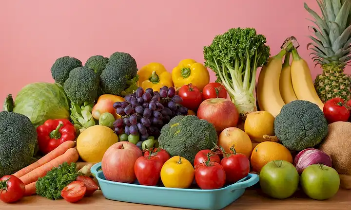 He aquí una línea de frases cortas en inglés que describen lo que la imagen de portada del artículo Aporte adecuado de vegetales: fibra y antioxidantes para fortalecer el fluido pelvicofaringeo podría representar: Verduras visbrant, frutas jugosas, fuertes músculos del suelo pélvico, caras felices, fondo colorido, ilustraciones lúdicas, iluminación suave, colores suaves