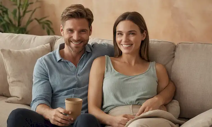 Aquí hay una línea de frases cortas que describen lo que la imagen de la cubierta podría representar: Una mujer y un hombre sonrientes sentados en un sofá juntos, suaves colores de tono de tierra, una sutil textura de fondo que se asemejan a suelo o arena, unas pocas hojas o flores dispersadas alrededor, una luz cálida y natural, el lenguaje corporal relajado, y un sentido de comodidad sin preocupaciones