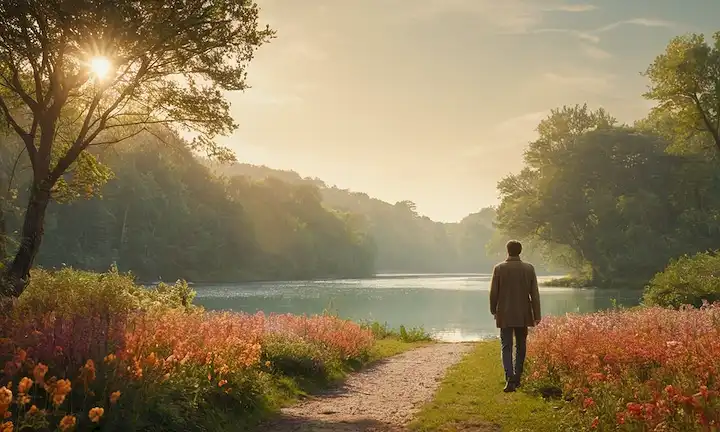 Aquí están algunas sugerencias para lo que la imagen de la cubierta podría representar: Una ilustración de tono cálido, un paisaje suave, una textura sutil, una figura masculina desde atrás, caminando o de pie, con una expresión serena, rodeada de colores calmantes, luz suave y elementos naturales como árboles, agua o flores