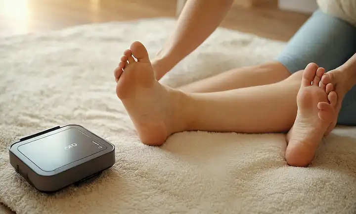 Aquí hay una descripción posible: Una persona acostada en una superficie cómoda, un dispositivo de terapia portátil junto a ellos, manos o pies colocados cerca del dispositivo, fondo de enfoque suave, iluminación suave, expresión relajada, ambiente calmante