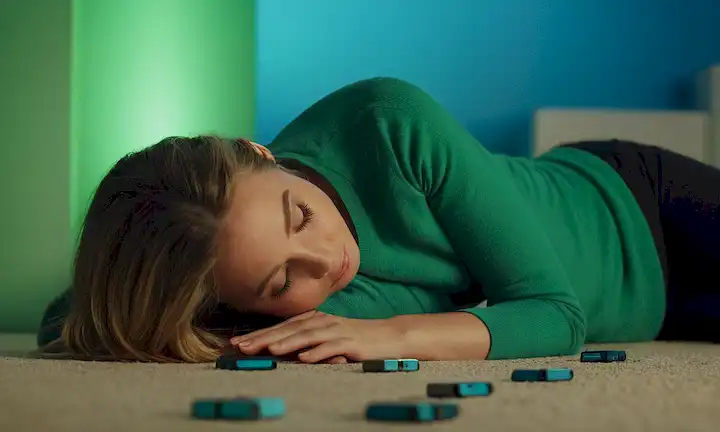 Una persona acostada en una superficie cómoda, rodeada de imanes o objetos similares a imanes, con iluminación suave, un ambiente tranquilo y colores calmantes como azul o verde, quizás con un efecto gradiente sutil